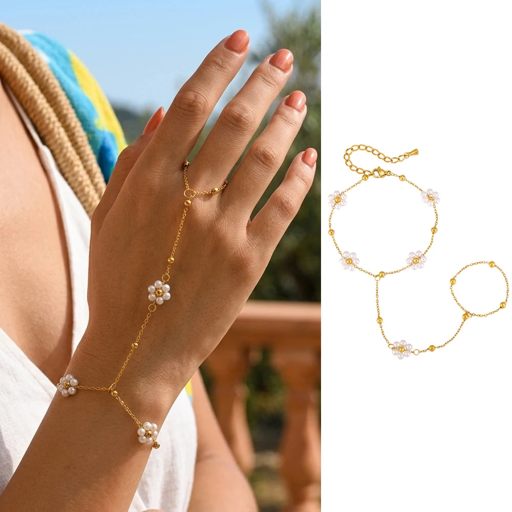 Women’s 18K Gold-Plated Ring Bracelet Hand Chain – Waterproof Beaded Bohemian Jewelry