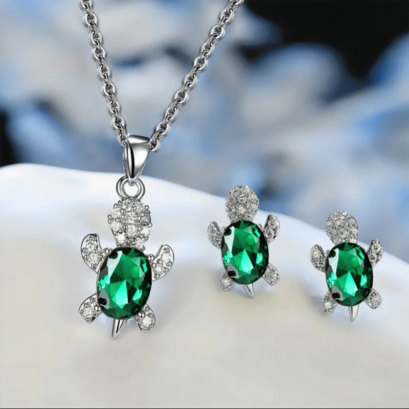 3-Piece Women’s Silver-Plated Turtle Necklace & Earrings Set – Multicolor Crystal Jewelry