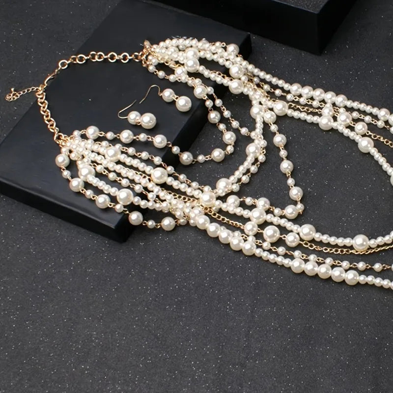 Women’s Multi-Layer Pearl Long Necklace & Earrings Set – Statement Jewelry