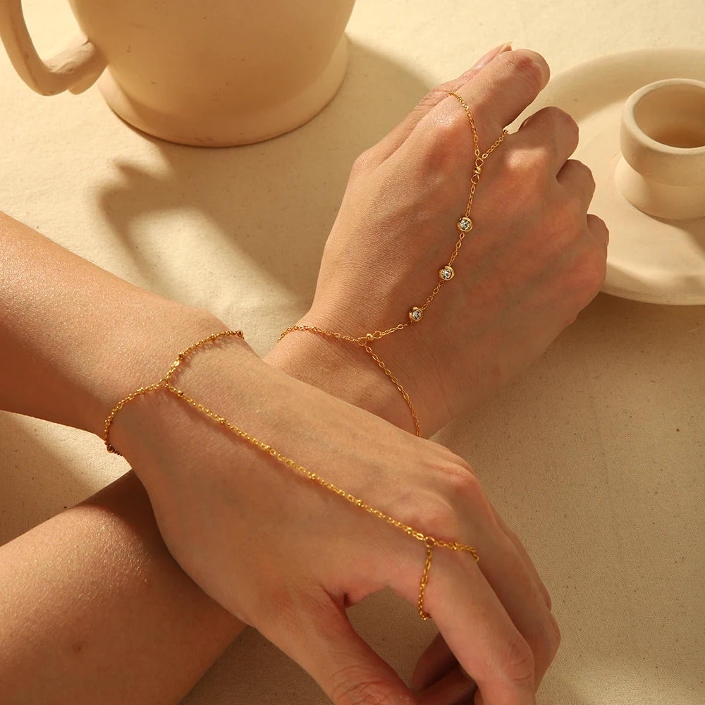 Women’s 18K Gold-Plated Zircon Ring Bracelet – Waterproof Stainless Steel Hand Chain Jewelry