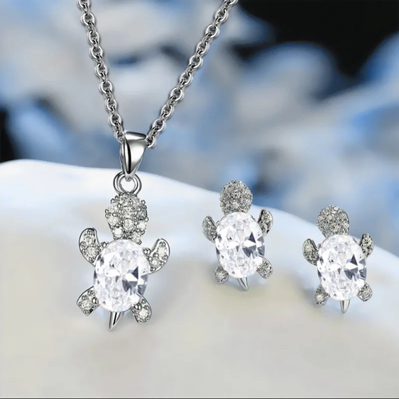 3-Piece Women’s Silver-Plated Turtle Necklace & Earrings Set – Multicolor Crystal Jewelry