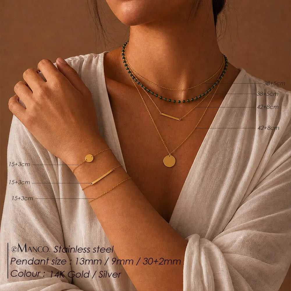 Green Beaded Layered Necklace Set with Disc & Bar Pendants – Gold-Tone Stainless Steel