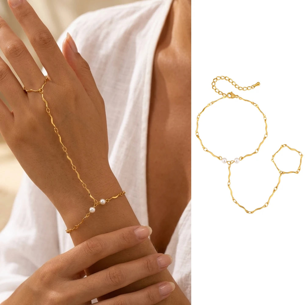 Women’s 18K Gold-Plated Ring Bracelet Hand Chain – Waterproof Beaded Bohemian Jewelry