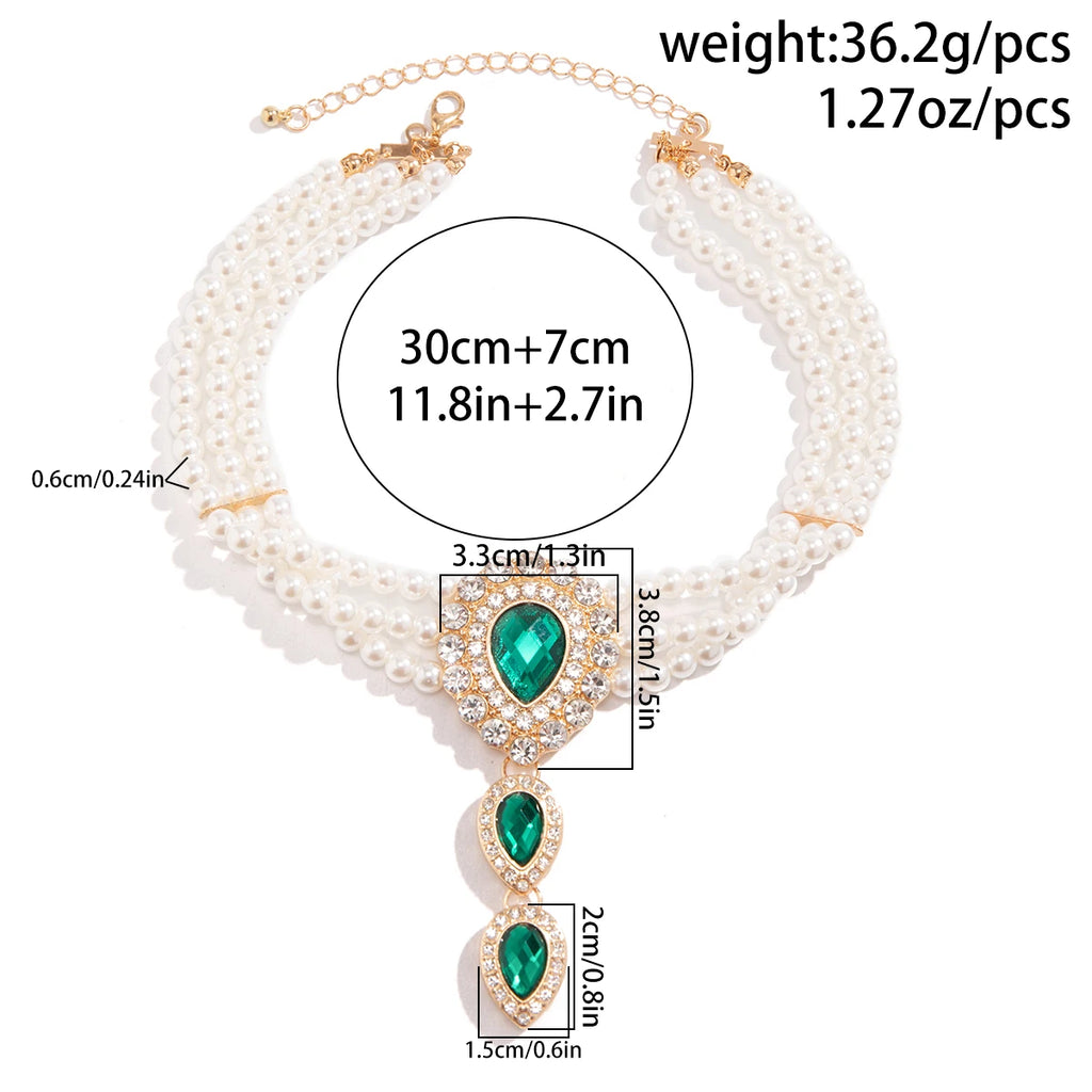 Elegant Layered Pearl Necklace & Bracelet Set with Teardrop Rhinestones for Women