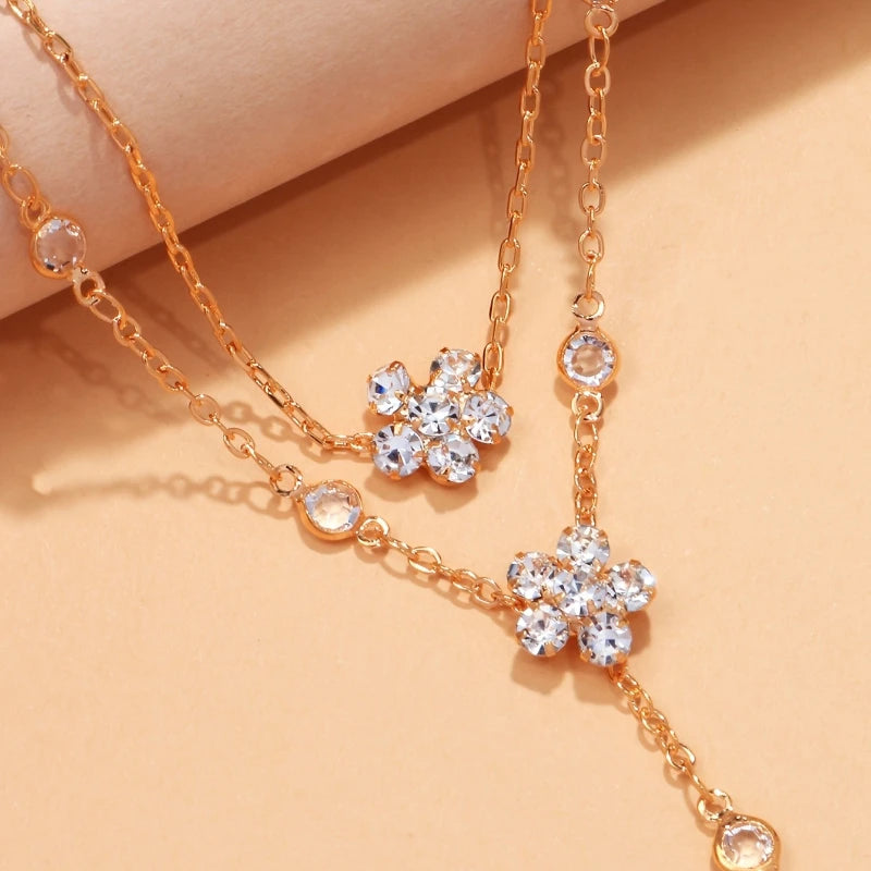 Women’s Sparkling Zircon Flower Double-Layer Hand Chain Bracelet – Adjustable Ring Bracelet Jewelry
