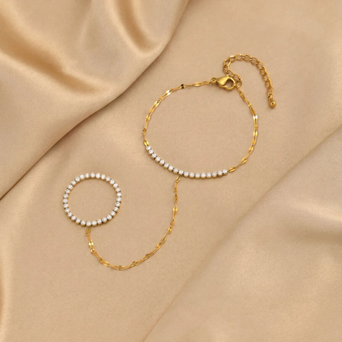Women’s 18K Gold-Plated Ring Bracelet Hand Chain – Waterproof Beaded Bohemian Jewelry