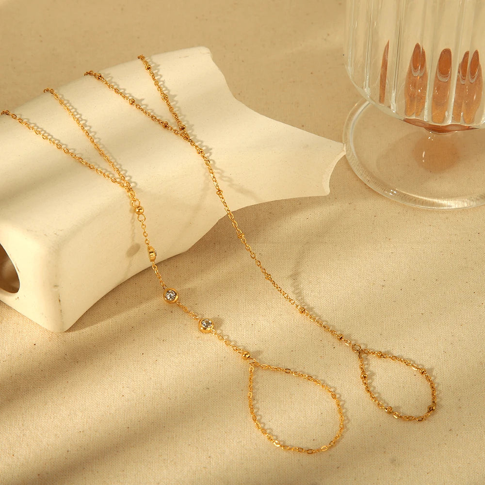 Women’s 18K Gold-Plated Zircon Ring Bracelet – Waterproof Stainless Steel Hand Chain Jewelry