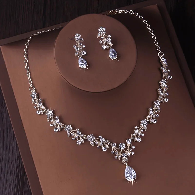 Women’s Luxury Zircon Rhinestone Necklace & Earrings Set – Bridal Wedding and Party Jewelry