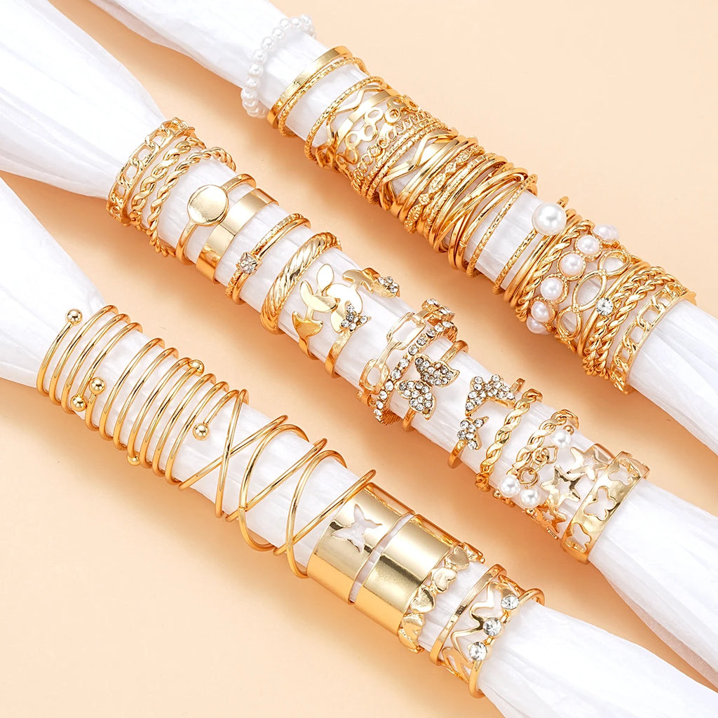 58-Piece Vintage Gold-Plated Ring Set for Women – Heart, Snake & Butterfly Designs