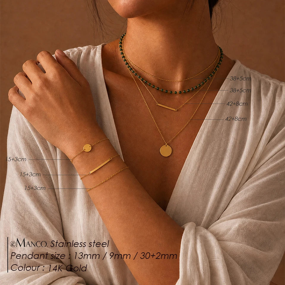 Green Beaded Layered Necklace Set with Disc & Bar Pendants – Gold-Tone Stainless Steel