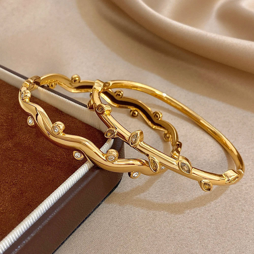Women’s 18K Gold-Plated Rhinestone Leaf Wave Cuff Bracelet – Water-Resistant Jewelry