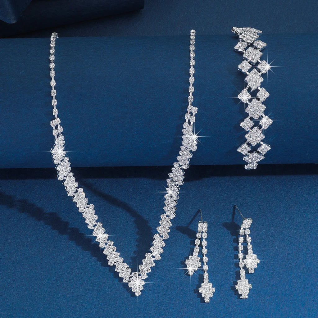 Women’s Silver-Plated Rhinestone Tassel Necklace & Earrings Set – Elegant Bridal Wedding Jewelry