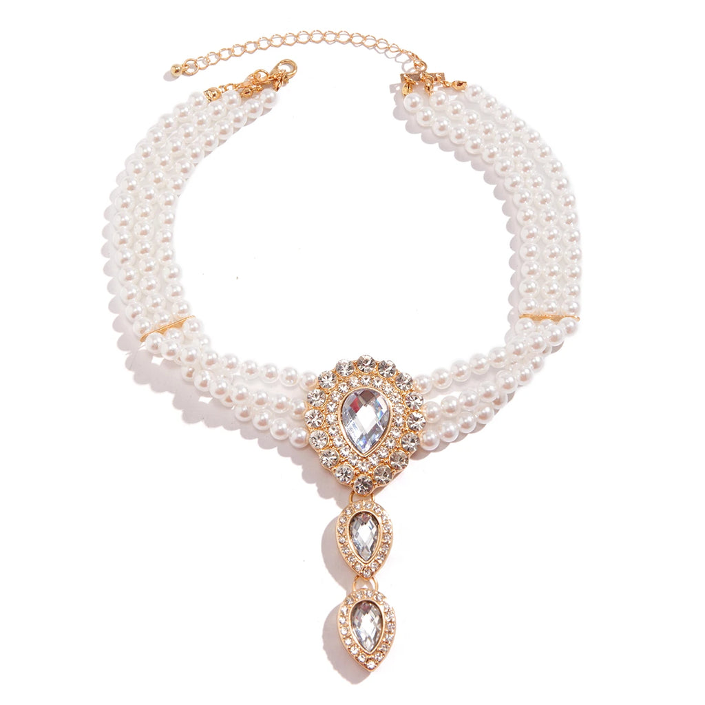 Elegant Layered Pearl Necklace & Bracelet Set with Teardrop Rhinestones for Women