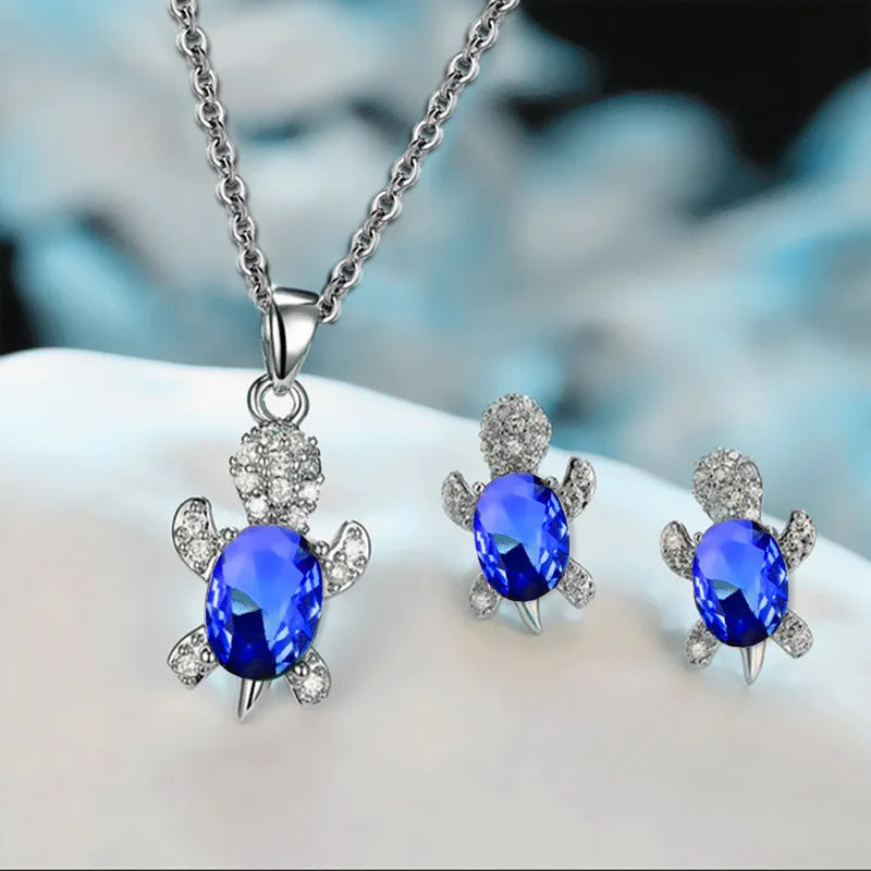3-Piece Women’s Silver-Plated Turtle Necklace & Earrings Set – Multicolor Crystal Jewelry