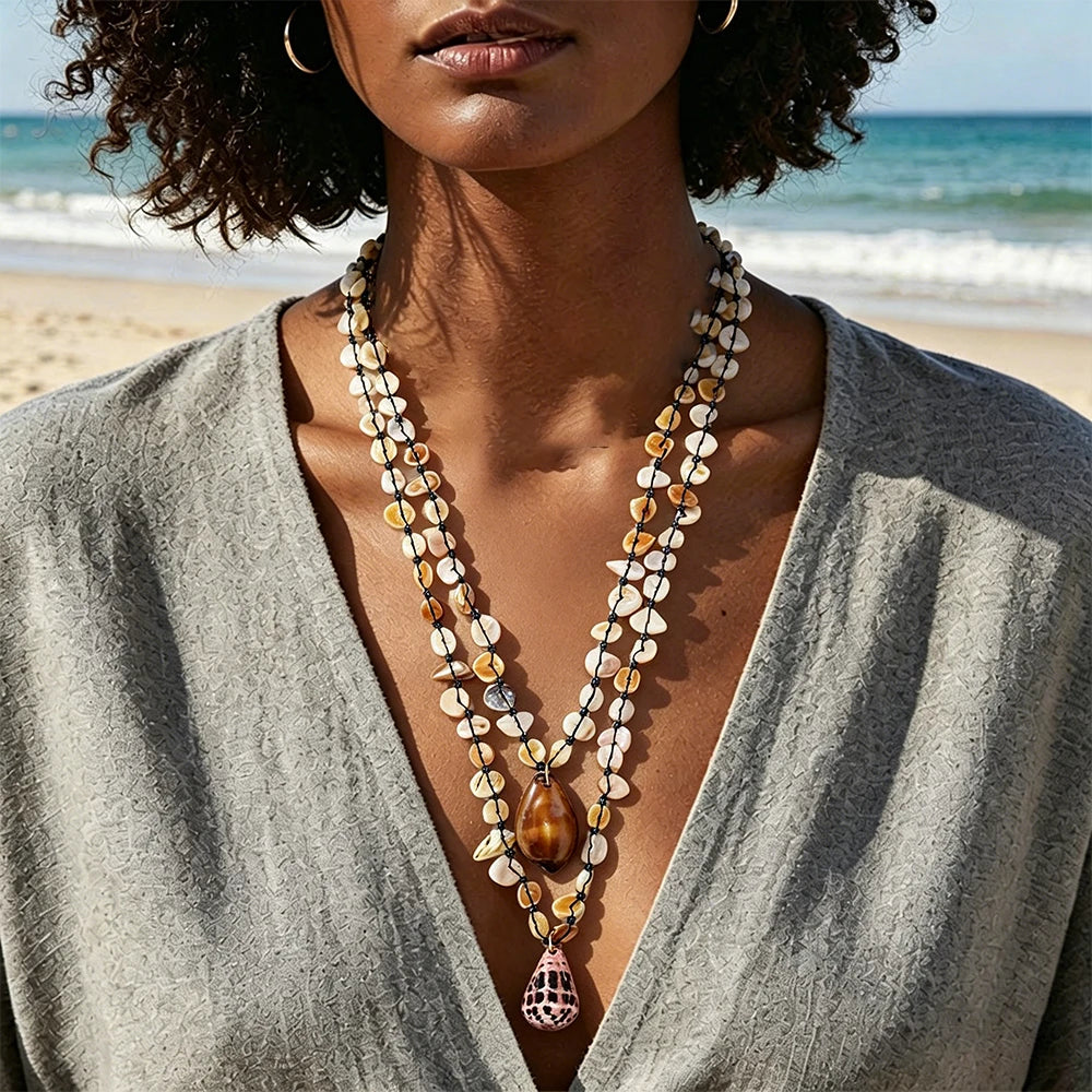 Women’s Bohemian Shell & Conch Pendant Necklace – Double-Layer Beach Jewelry