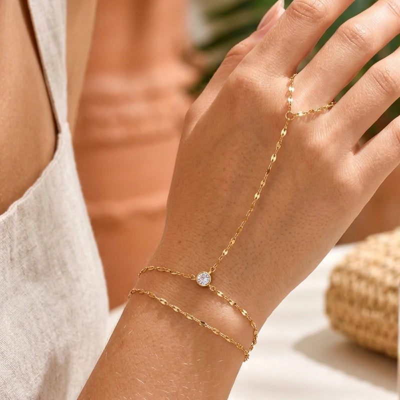 Women’s Gold-Plated Double-Layer Hand Chain Bracelet – Adjustable Ring Bracelet Jewelry