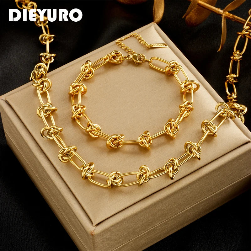 Women’s Twisted Knot Necklace & Bracelet Set – Gold & Silver-Tone Jewelry