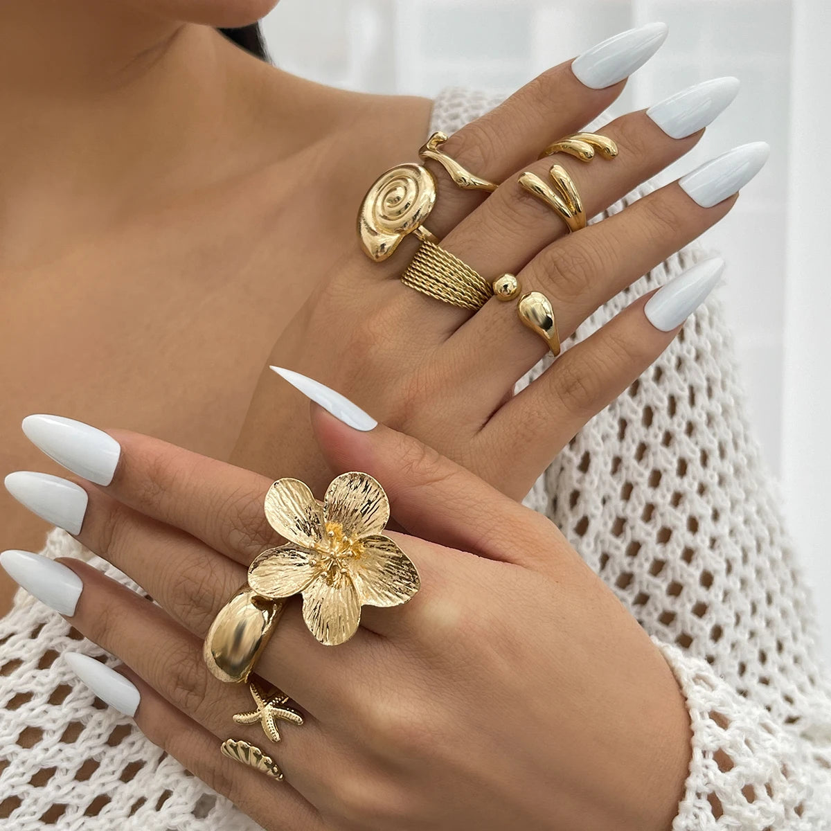 8-Piece Vintage Floral & Teardrop Ring Set for Women