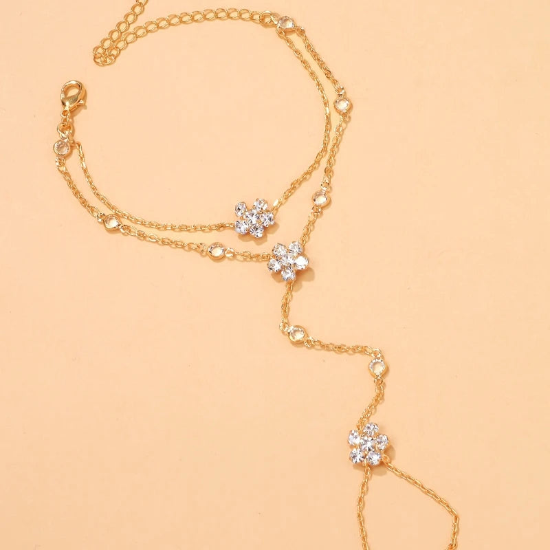 Women’s Sparkling Zircon Flower Double-Layer Hand Chain Bracelet – Adjustable Ring Bracelet Jewelry