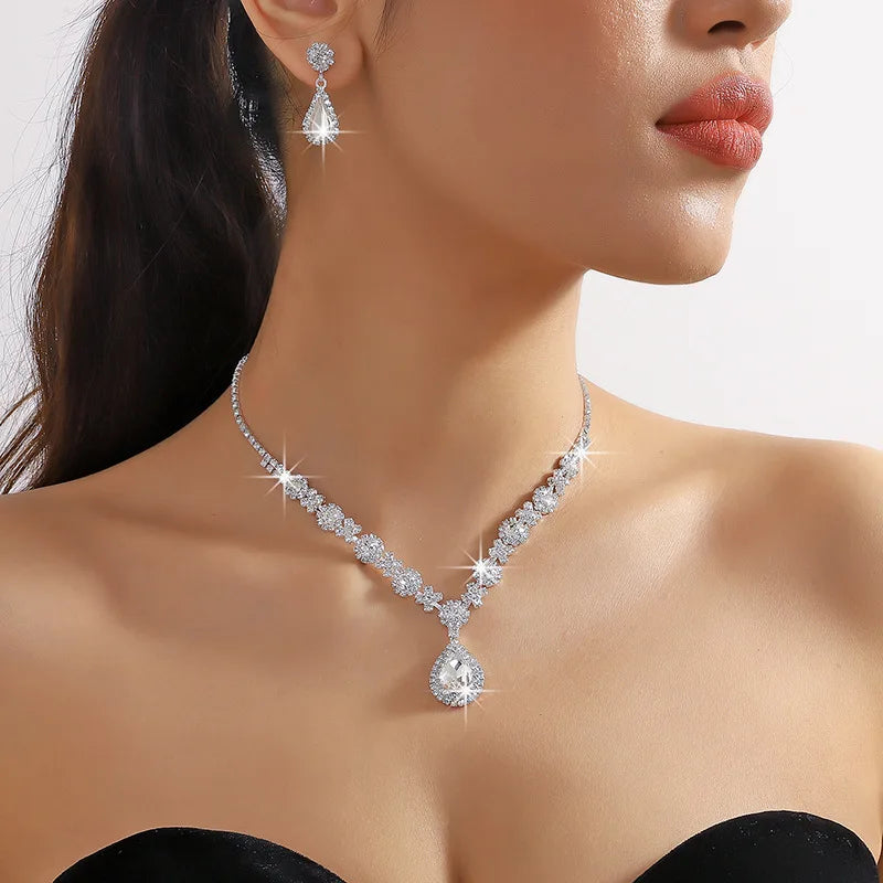 3-Piece Women’s Crystal Water Drop Necklace & Earrings Set – Bridal Wedding and Evening Jewelry