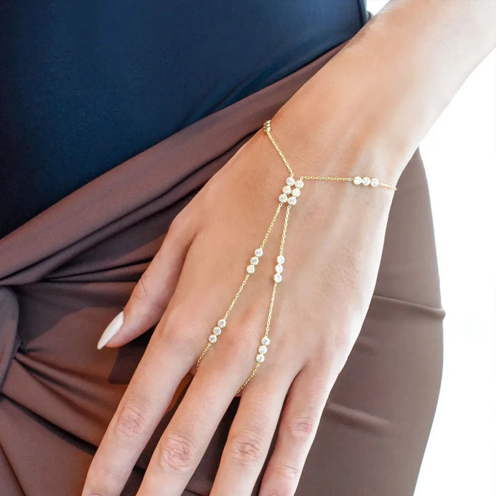 Women’s Vintage Gold-Tone Double-Layer Hand Chain Bracelet – Cubic Zirconia Ring Jewelry