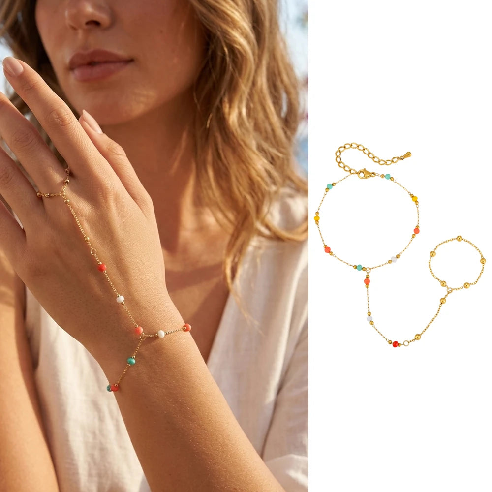 Women’s 18K Gold-Plated Ring Bracelet Hand Chain – Waterproof Beaded Bohemian Jewelry