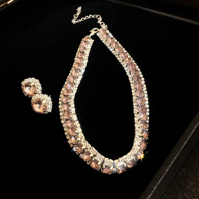 Women’s Luxury Green Crystal Choker Necklace & Stud Earrings Set – Wedding and Banquet Jewelry