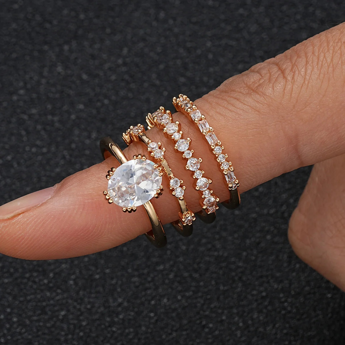 Women’s Gold-Plated Statement Ring Set with Large Cubic Zirconia – Elegant Copper Jewelry