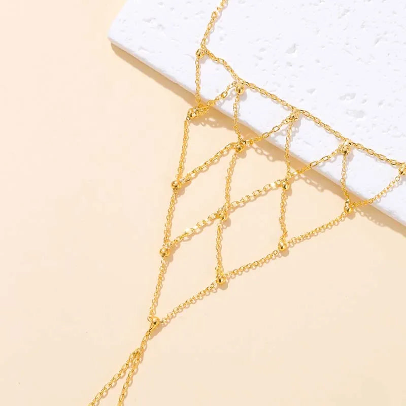 Women’s Bohemian Gold-Tone Mesh Hand Chain Bracelet – Rhinestone Beaded Ring Bracelet for Weddings