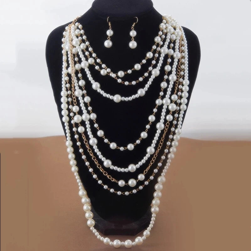 Women’s Multi-Layer Pearl Long Necklace & Earrings Set – Statement Jewelry