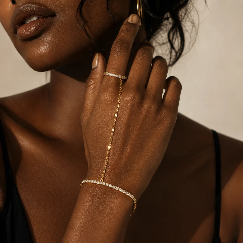 Women’s 18K Gold-Plated Ring Bracelet Hand Chain – Waterproof Beaded Bohemian Jewelry