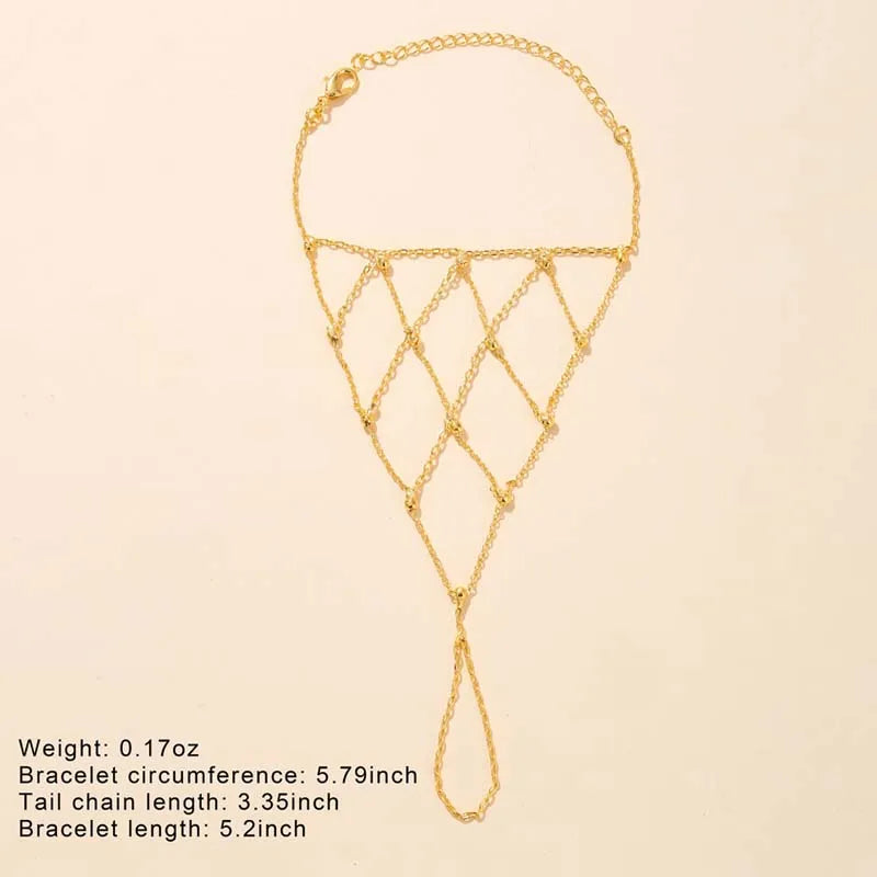 Women’s Bohemian Gold-Tone Mesh Hand Chain Bracelet – Rhinestone Beaded Ring Bracelet for Weddings