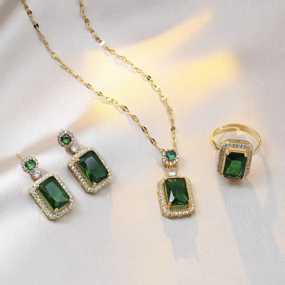 4-Piece Women’s Square Rhinestone Jewelry Set – Necklace, Earrings & Ring for Bridal Weddings