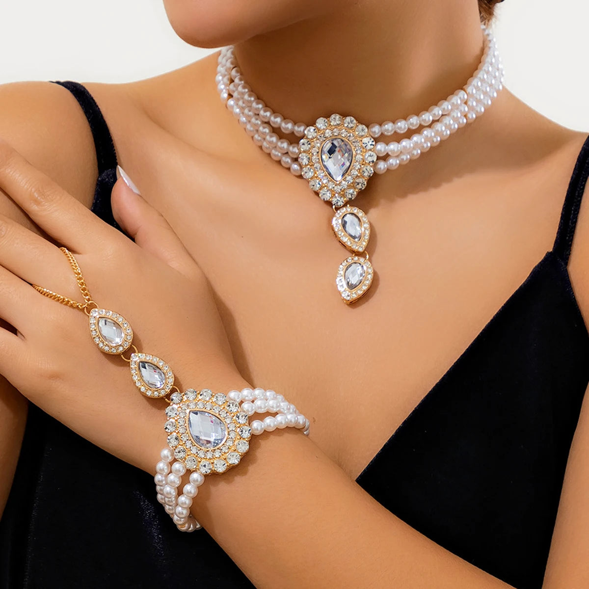 Elegant Layered Pearl Necklace & Bracelet Set with Teardrop Rhinestones for Women