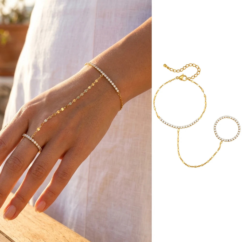 Women’s 18K Gold-Plated Ring Bracelet Hand Chain – Waterproof Beaded Bohemian Jewelry