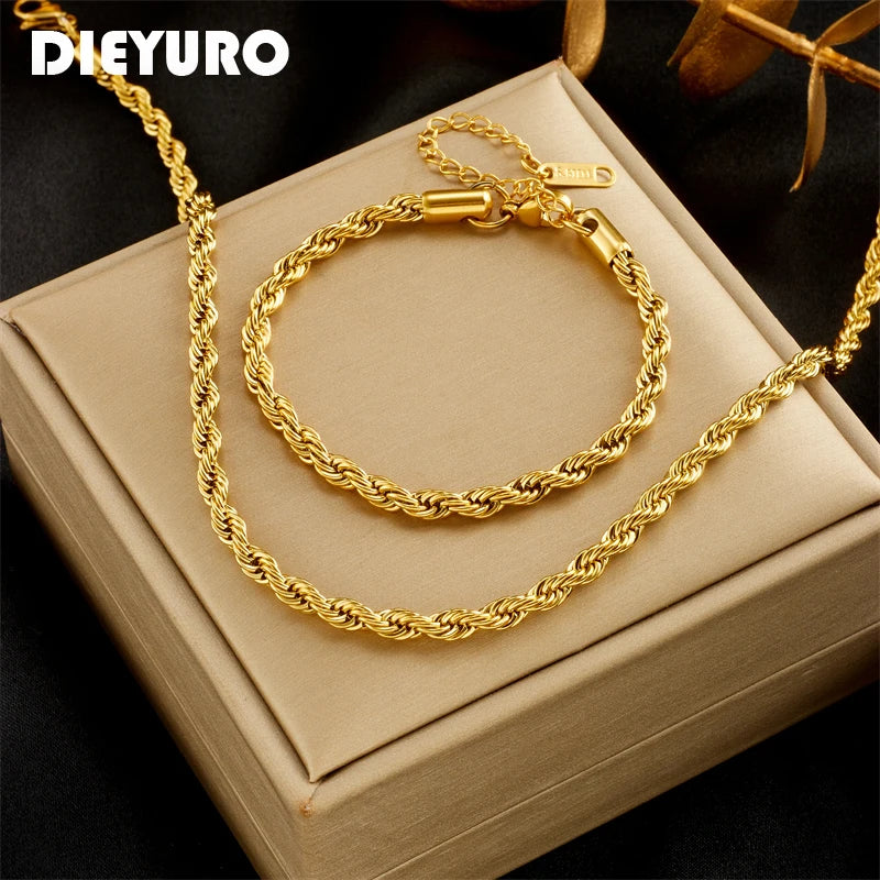Women’s Gold-Tone Chain Necklace & Bracelet Set – 316L Stainless Steel Jewelry